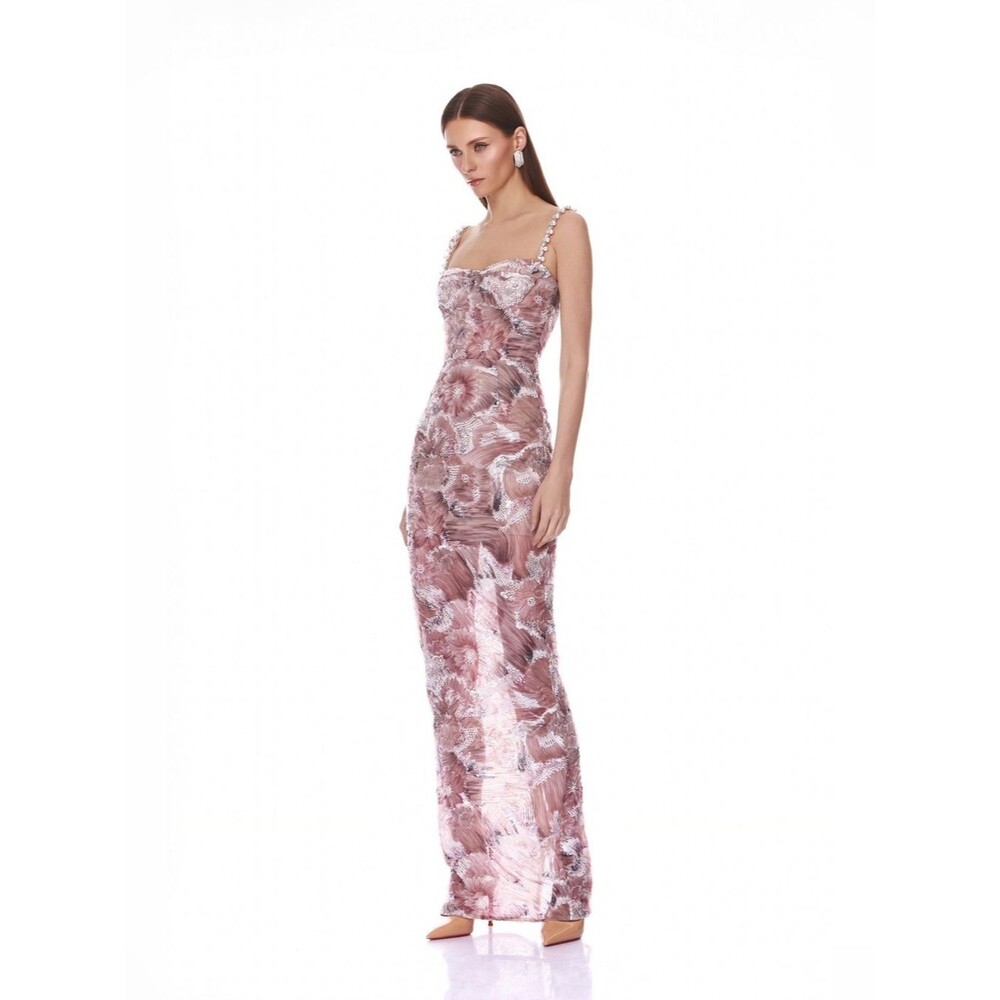 NWOT BRONX BANCO Eve Dahlia Embellished Blush Maxi Straps Column Dress in Pink